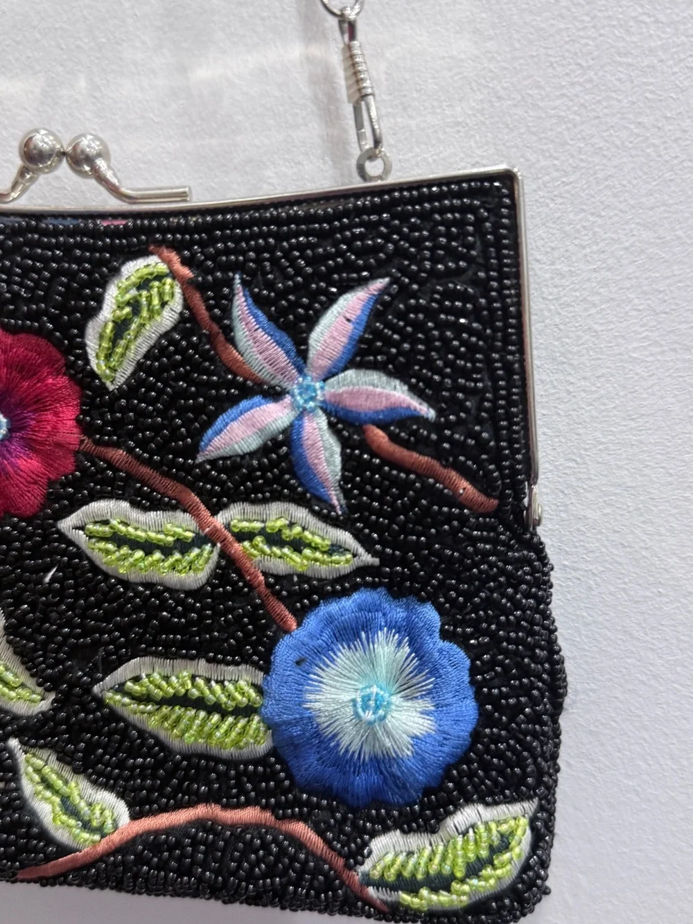 Embroidered Floral Beaded Black Evening Clutch with Chain
